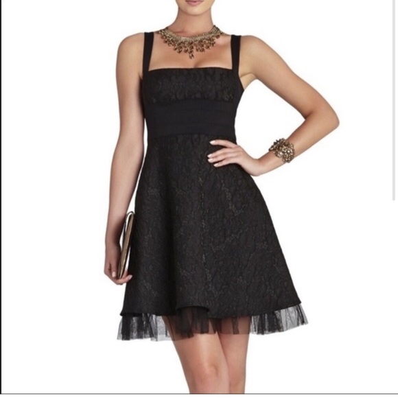 BCBGMaxAzria Black Lace Jacquard Tulle Kaya Cocktail Mini Dress Size 6 - Picture 1 of 7